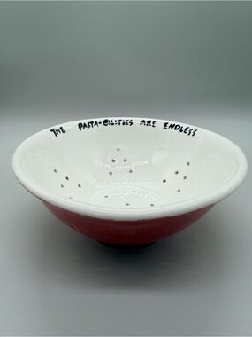 Handcrafted Studio Pottery Pasta Colander Bowl Red Speckled "Pasta-bilities"